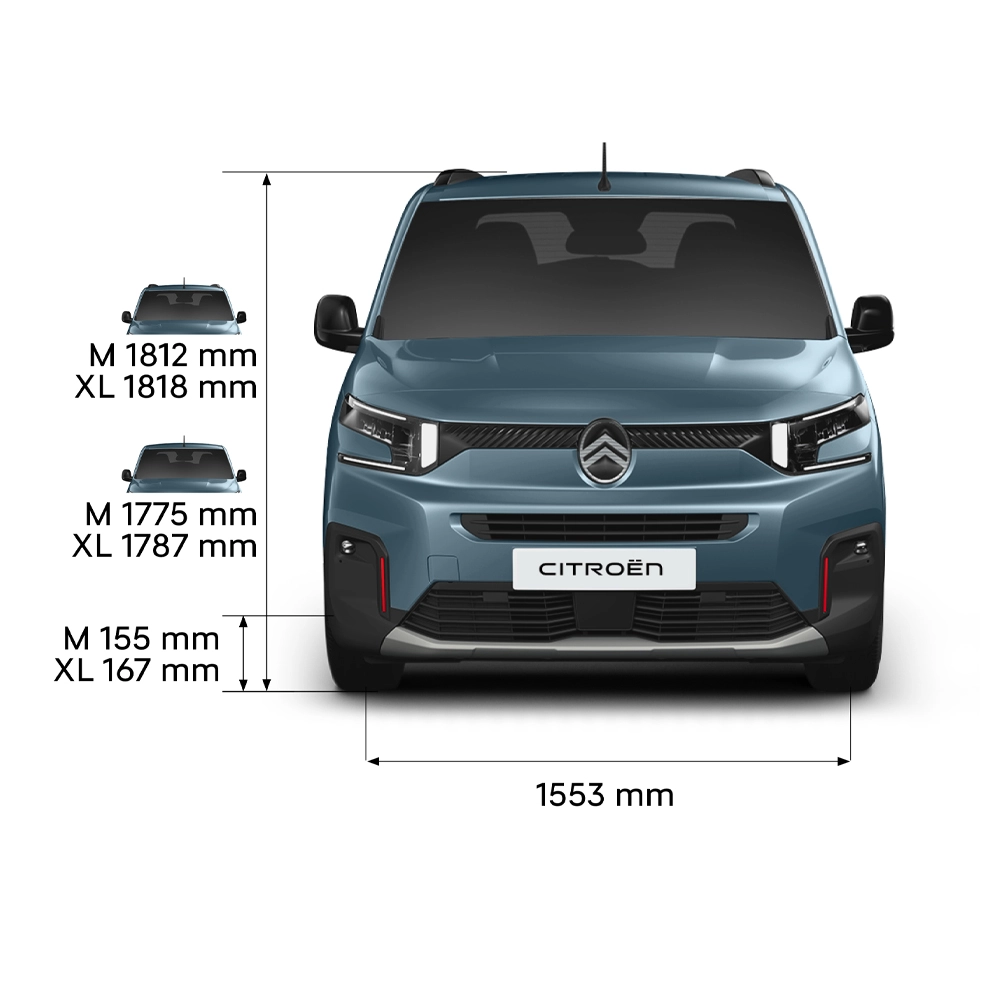 Technische afmetingen van Berlingo met voor-, zij-, achter- en bovenaanzichten met belangrijke afmetingen en zitconfiguraties